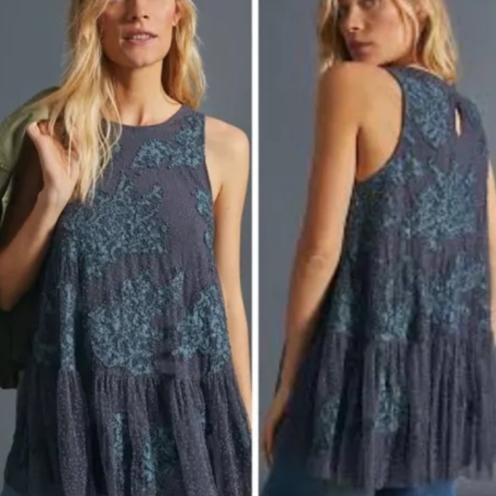 Anthropologie Neomia Appliqué Blue beaded lace tunic